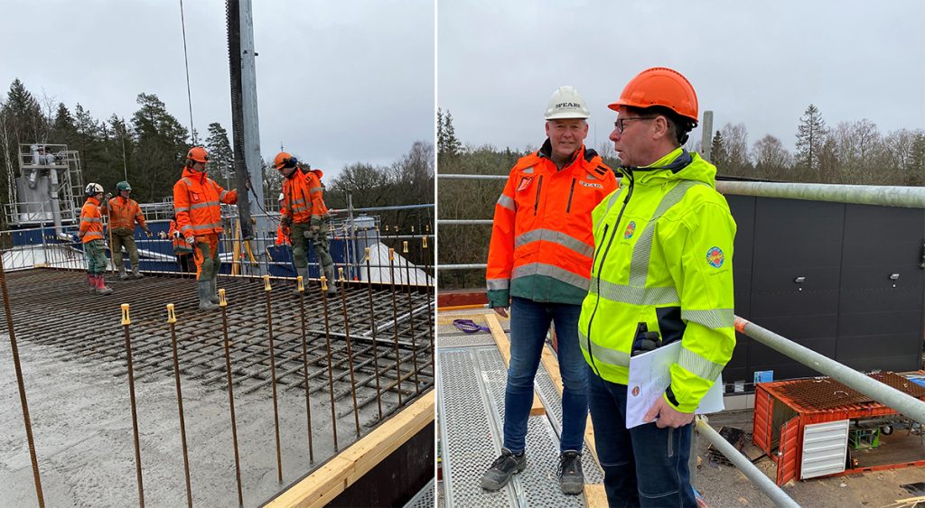 Peab-personal gjuter ett tak. Två projektledare blickar över bygget.