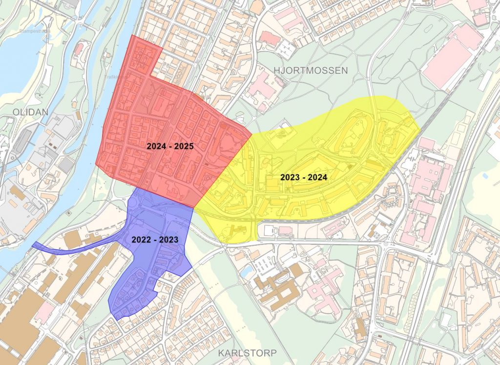 Karta över Hjortmossen och Södra centrum med tre etappindelningar