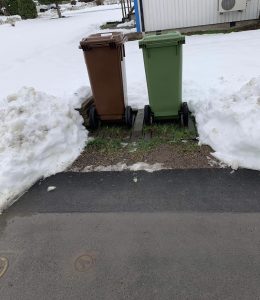 Två sopkärl står framskottade ur snön
