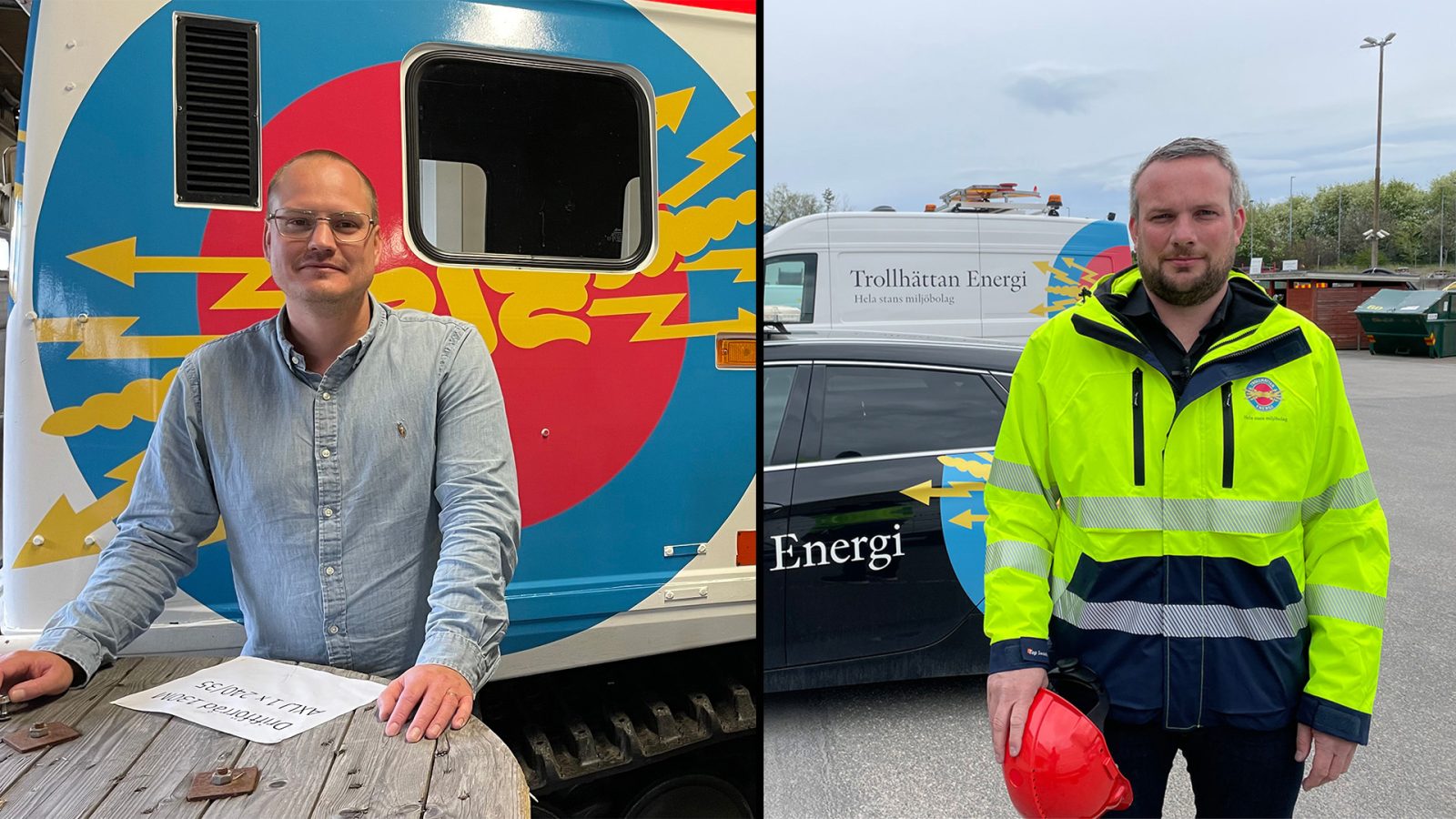 Två killar står framför två olika Trollhättan Energifordon