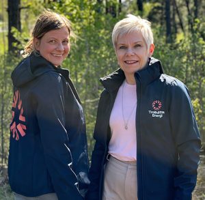Kommunikationschef Jennie Cronblad och VD Pia Brühl Hjort visar upp jackor med Trollhättan Energis nya visuella identitet.
