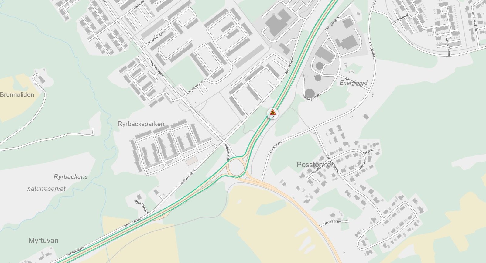 Karta där trafikstörningen är utmarkerad.